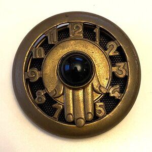 Vintage Bronze-Colored Clock with Hamsa Brooch